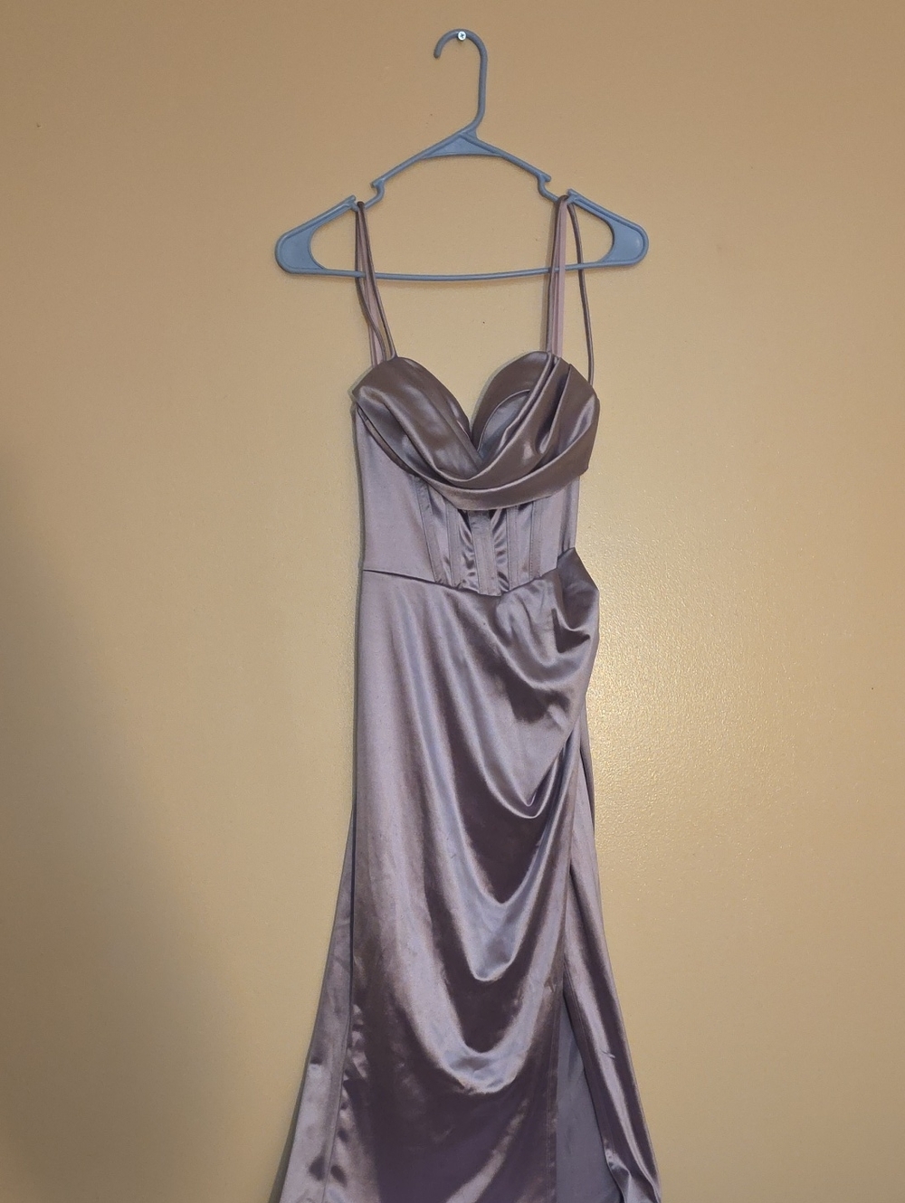 Crystal Doll Lavender Satin Cowl Neck Maxi Dress
